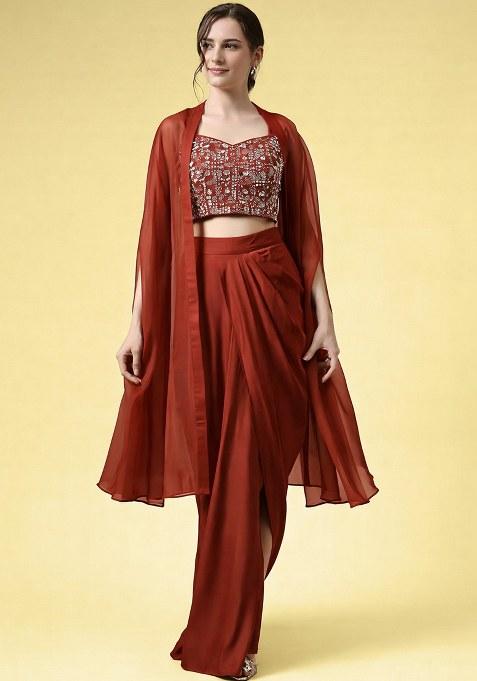 Brick Red Hand Work Embellished Crepe Fusion Set