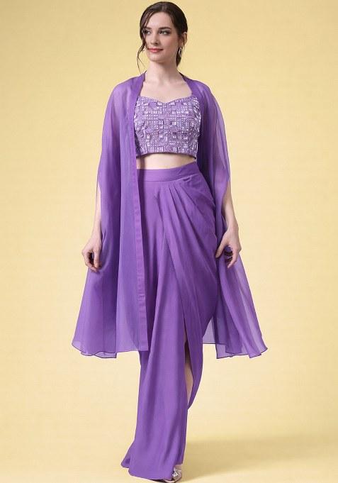 Lilac Hand Work Embellished Crepe Fusion Set