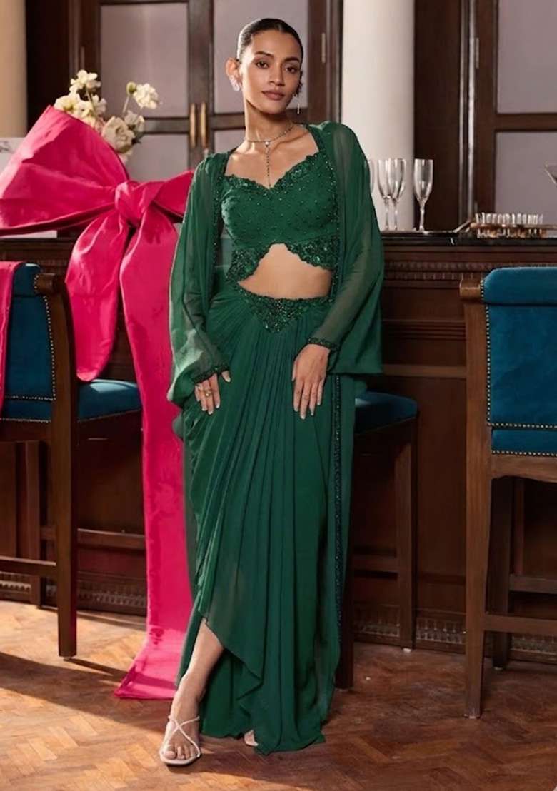 Light Green Hand Work Embellished Georgette Fusion Set - Indya