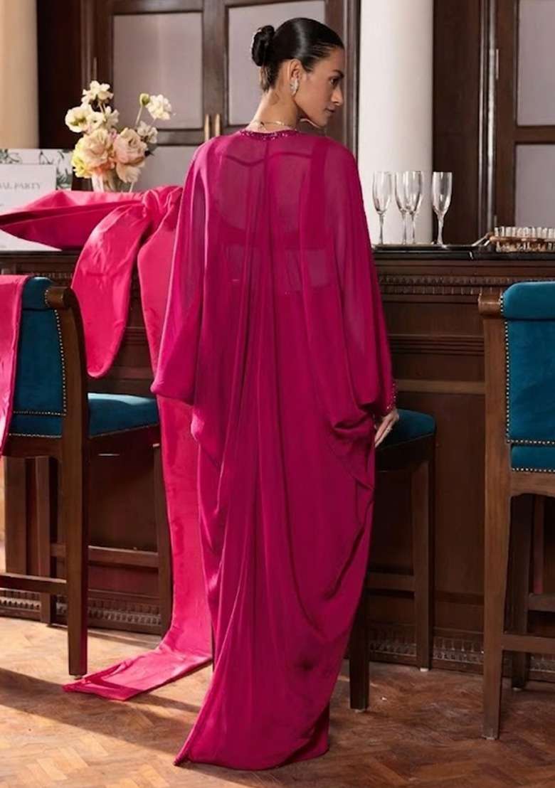Hot Pink Hand Work Embellished Georgette Fusion Set - Indya