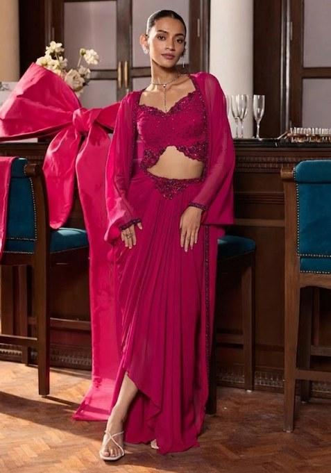Hot Pink Hand Work Embellished Georgette Fusion Set