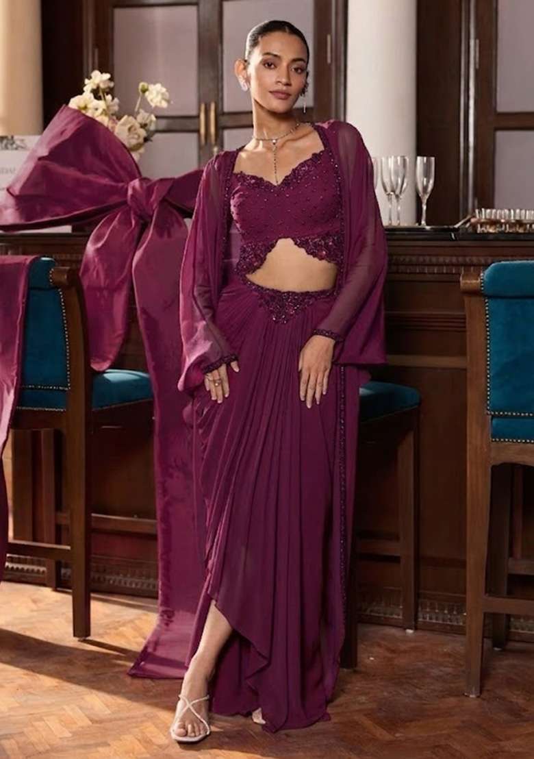 Mauve Hand Work Embellished Georgette Fusion Set - Indya