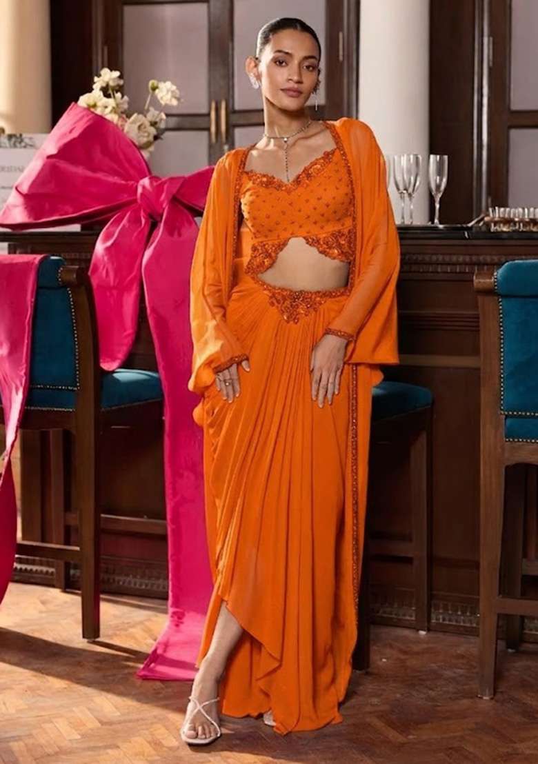 Soft Orange Hand Work Embellished Georgette Fusion Set - Indya