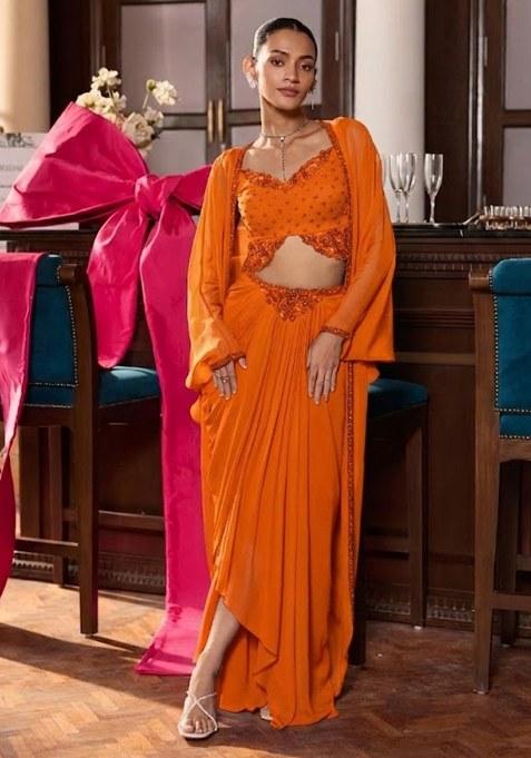 Soft Orange Hand Work Embellished Georgette Fusion Set