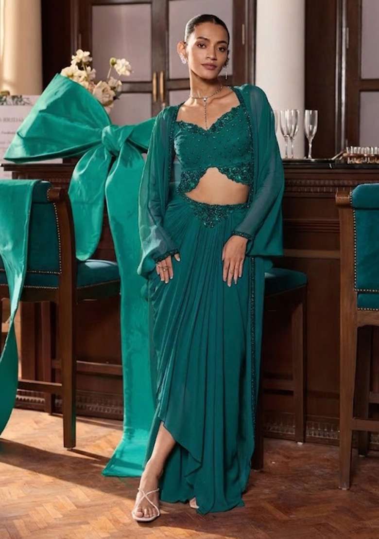 Teal Hand Work Embellished Georgette Fusion Set - Indya