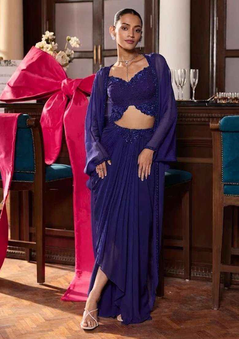 Violet Hand Work Embellished Georgette Fusion Set - Indya