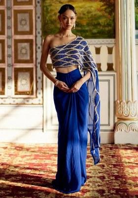 Deep Blue Hand Work Embroidered Crepe Fusion Set