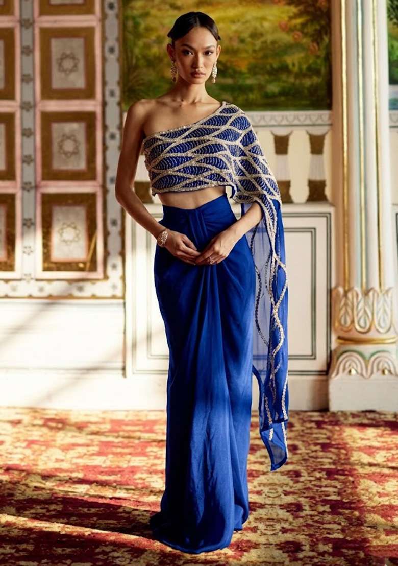 Deep Blue Hand Work Embroidered Crepe Fusion Set - Indya