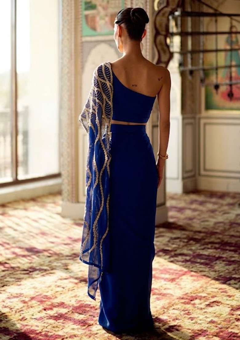 Deep Blue Hand Work Embroidered Crepe Fusion Set - Indya
