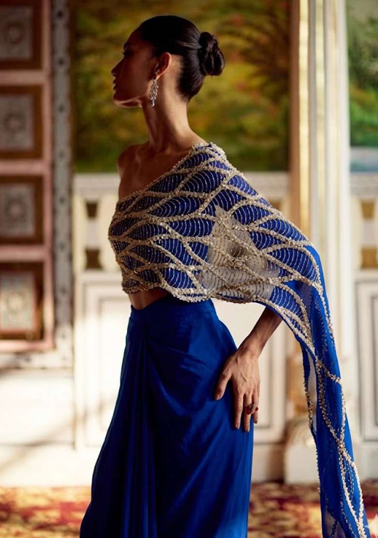 Deep Blue Hand Work Embroidered Crepe Fusion Set - Indya