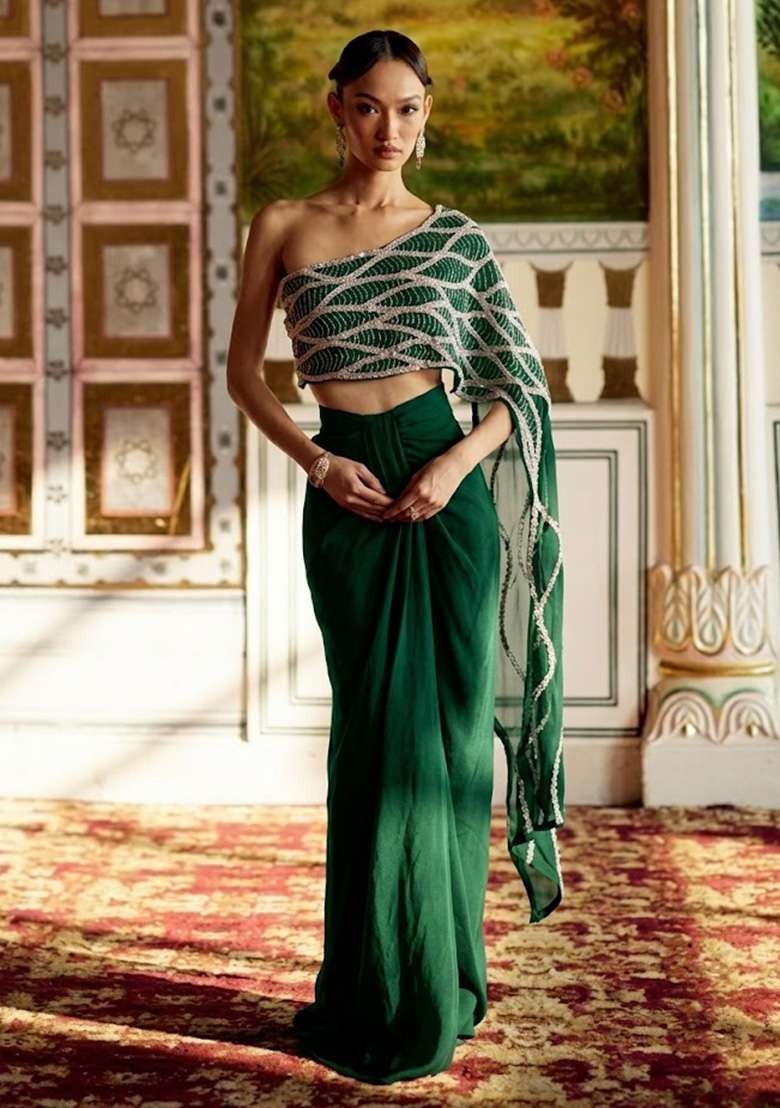 Light Green Hand Work Embroidered Chinon Fusion Set - Indya