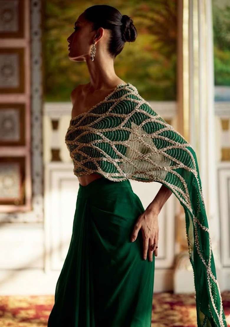 Light Green Hand Work Embroidered Chinon Fusion Set - Indya
