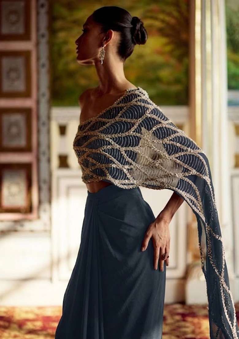Grey Hand Work Embroidered Chinon Fusion Set - Indya