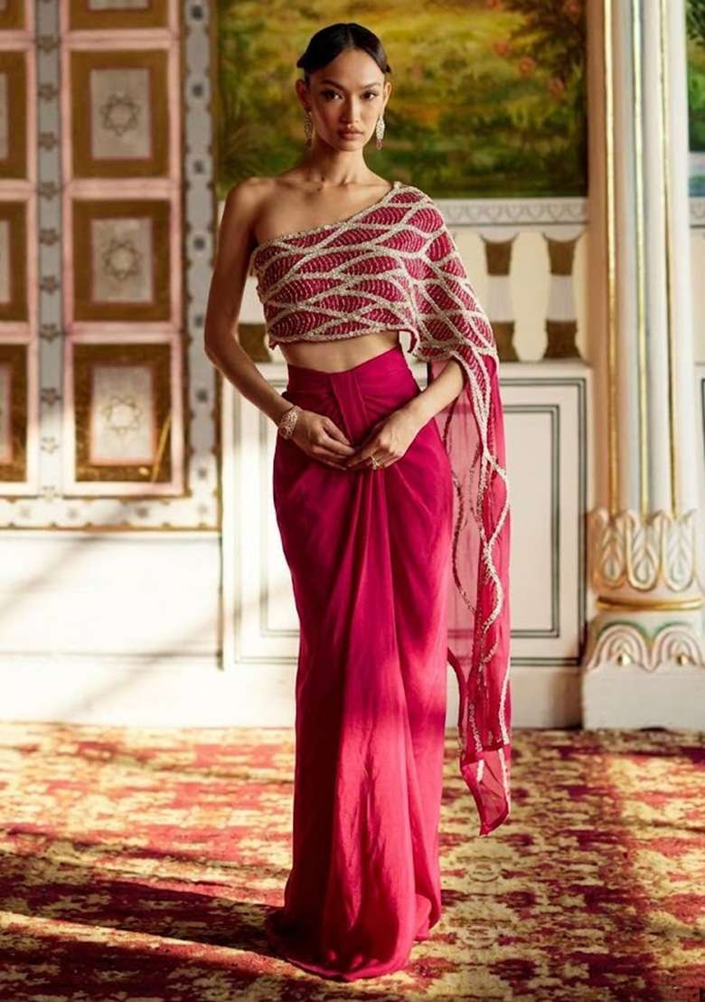 Hot Pink Hand Work Embroidered Chinon Fusion Set - Indya