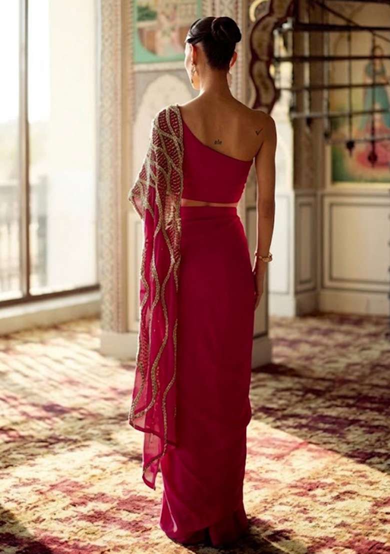 Hot Pink Hand Work Embroidered Chinon Fusion Set - Indya