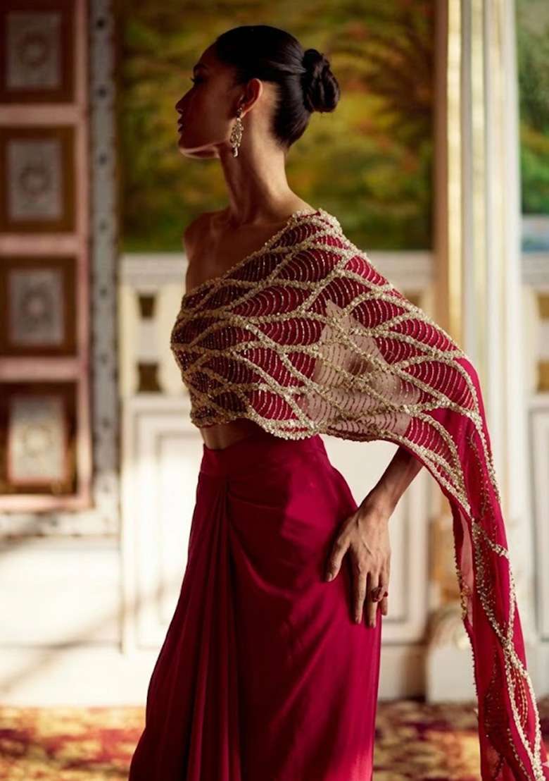 Hot Pink Hand Work Embroidered Chinon Fusion Set - Indya