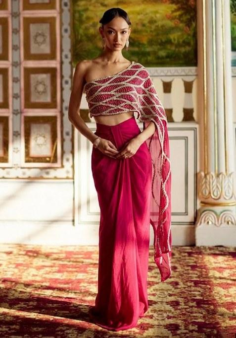 Hot Pink Hand Work Embroidered Chinon Fusion Set