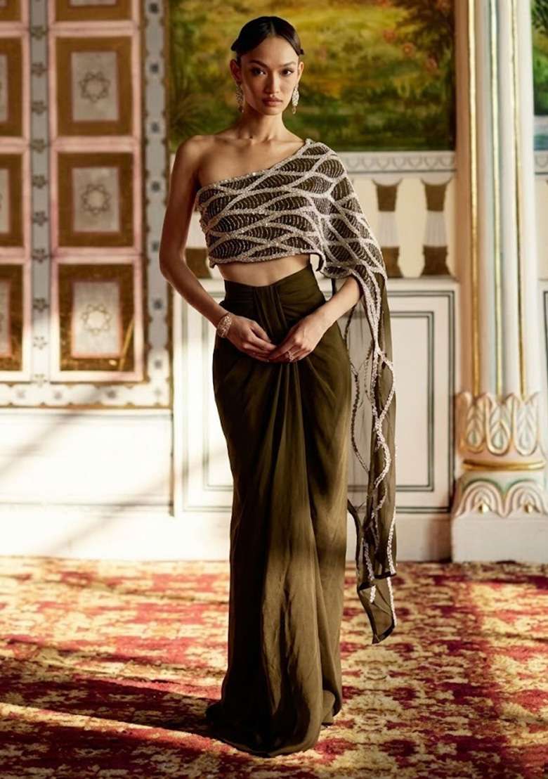 Olive Green Hand Work Embroidered Chinon Fusion Set - Indya