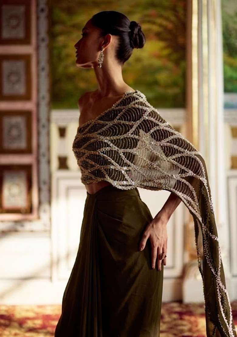 Olive Green Hand Work Embroidered Chinon Fusion Set - Indya