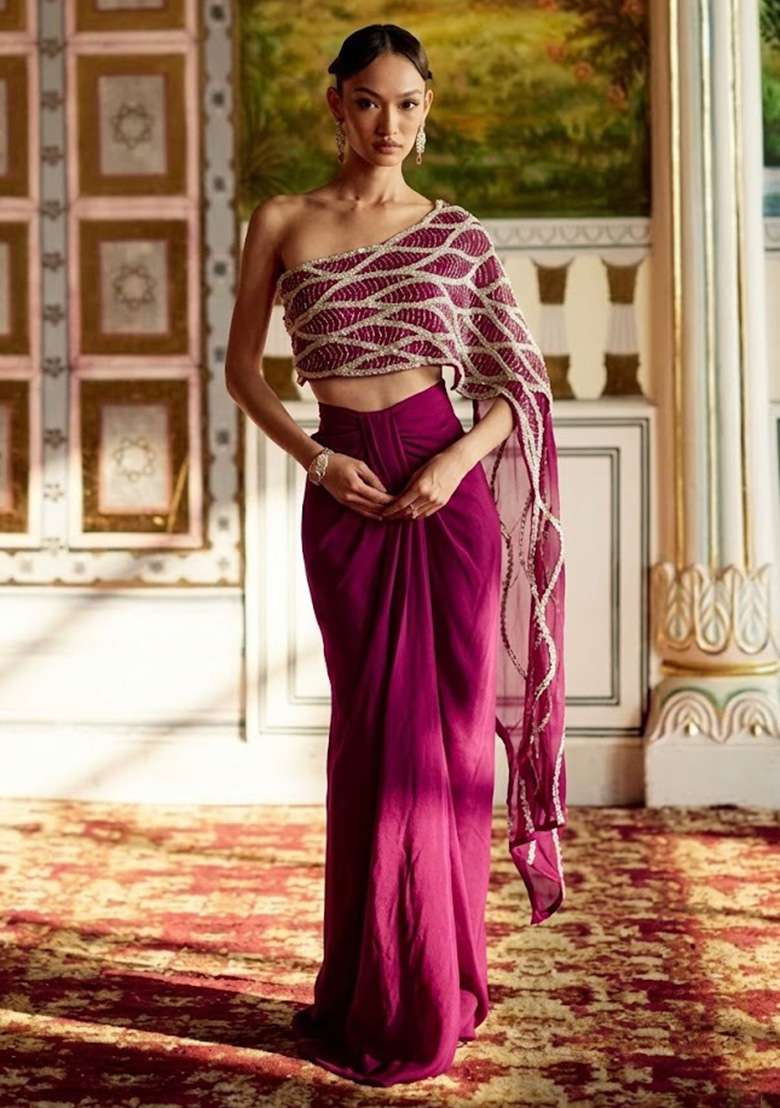 Soft Pink Hand Work Embroidered Chinon Fusion Set - Indya