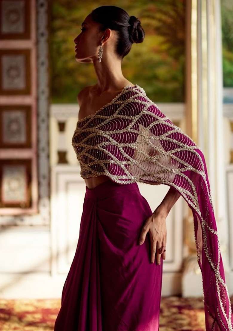 Soft Pink Hand Work Embroidered Chinon Fusion Set - Indya