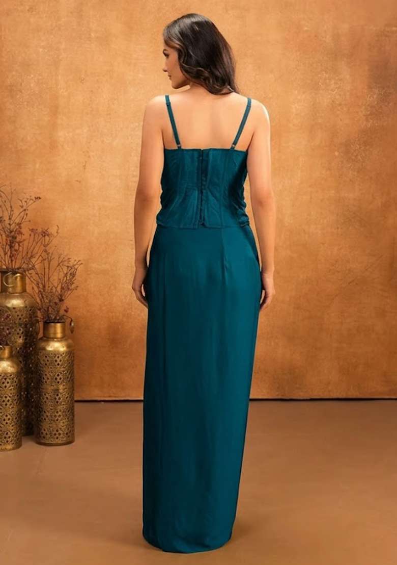 Teal Hand Work Embellished Crepe Fusion Set - Indya
