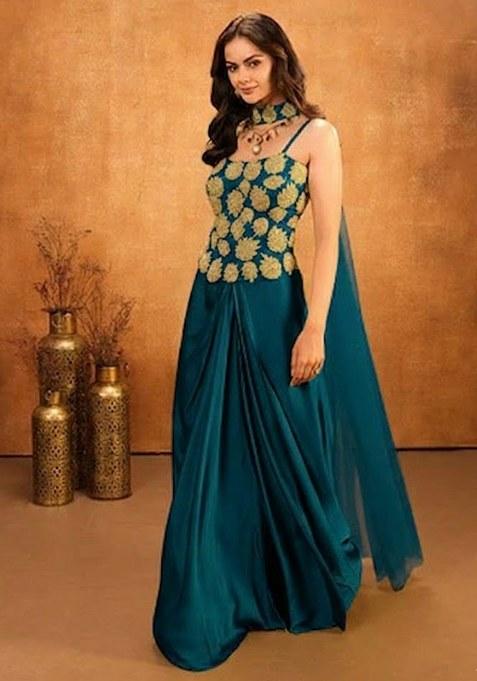 Teal Hand Work Embellished Crepe Fusion Set