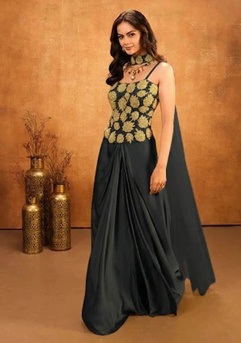 Grey Hand Work Embellished Crepe Fusion Set - Indya