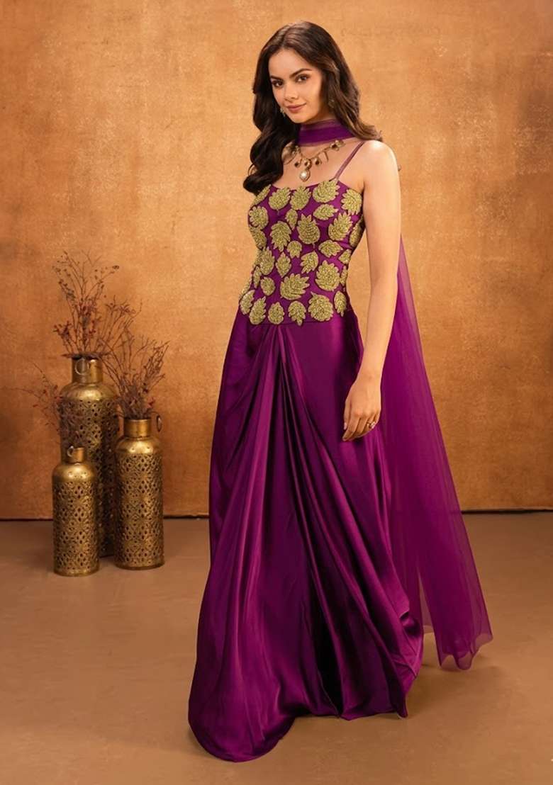 Violet Hand Work Embellished Crepe Fusion Set - Indya