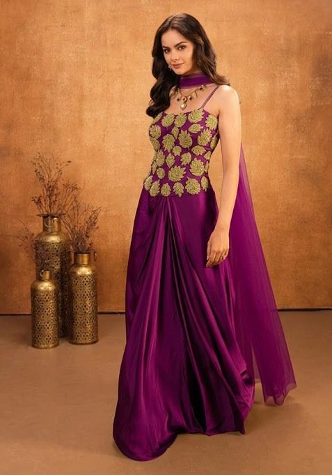 Violet Hand Work Embellished Crepe Fusion Set