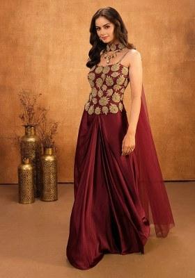 Wine Red Hand Work Embellished Crepe Fusion Set