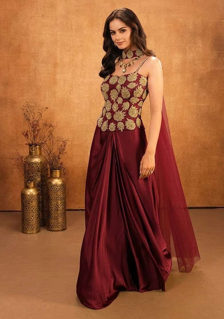 Wine Red Hand Work Embellished Crepe Fusion Set - Indya