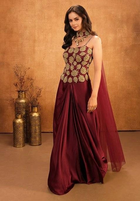 Wine Red Hand Work Embellished Crepe Fusion Set