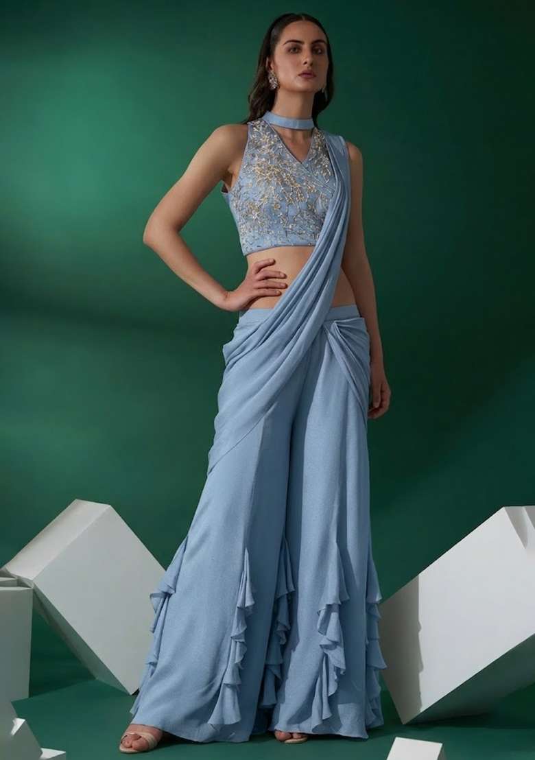Deep Blue Hand Work Embellished Chinon Fusion Set - Indya