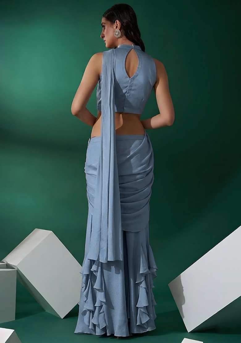 Deep Blue Hand Work Embellished Chinon Fusion Set - Indya