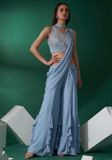 Deep Blue Hand Work Embellished Chinon Fusion Set