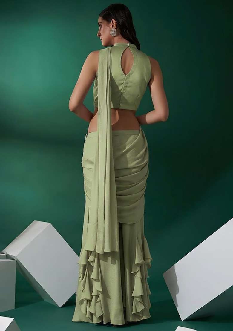 Light Green Hand Work Embellished Chinon Fusion Set - Indya
