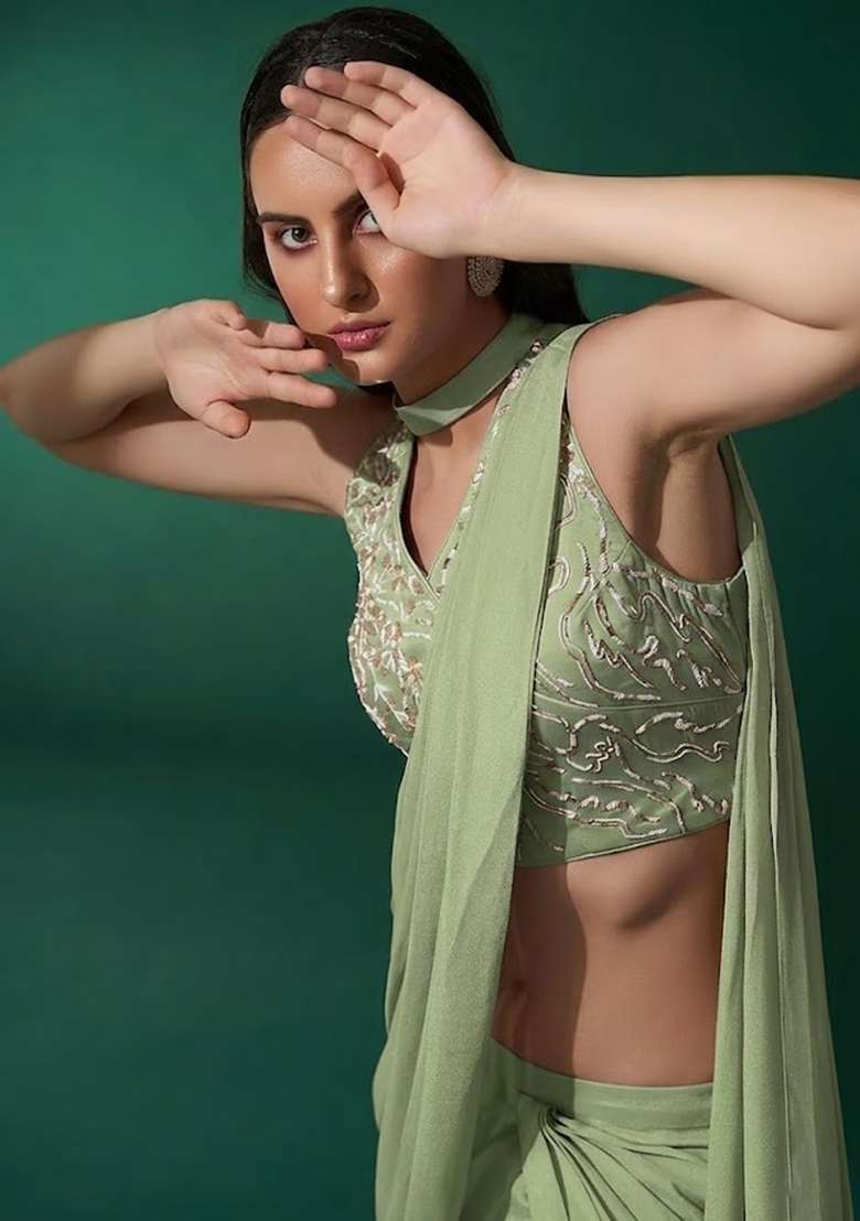 Light Green Hand Work Embellished Chinon Fusion Set - Indya
