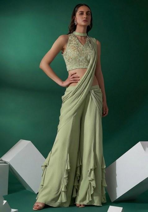 Light Green Hand Work Embellished Chinon Fusion Set