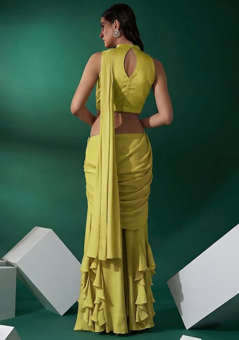 Lime Green Hand Work Embellished Chinon Fusion Set - Indya