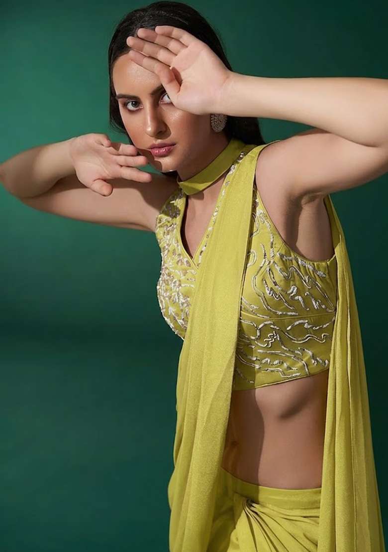 Lime Green Hand Work Embellished Chinon Fusion Set - Indya
