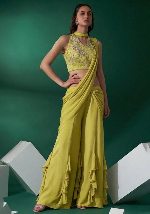 Lime Green Hand Work Embellished Chinon Fusion Set