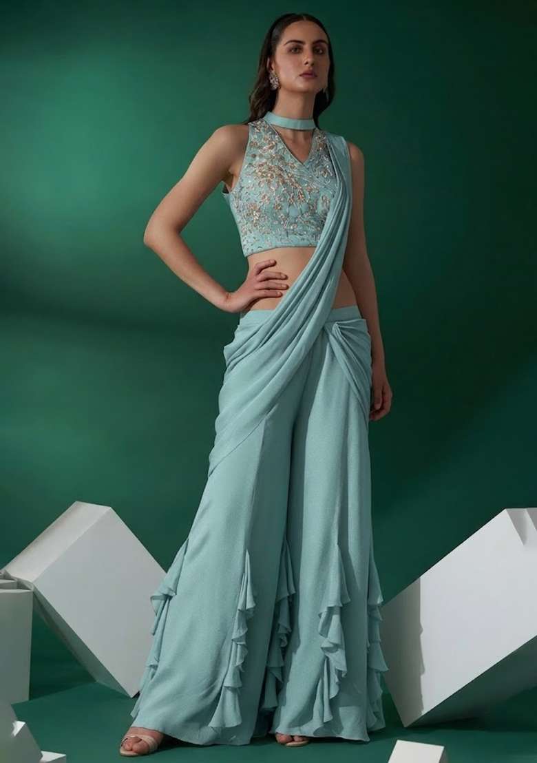 Mint Green Hand Work Embellished Chinon Fusion Set - Indya