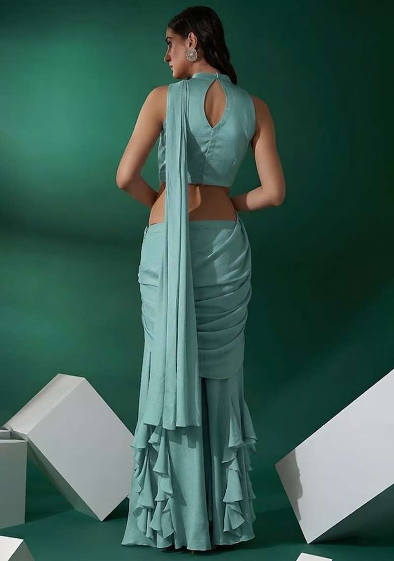 Mint Green Hand Work Embellished Chinon Fusion Set - Indya