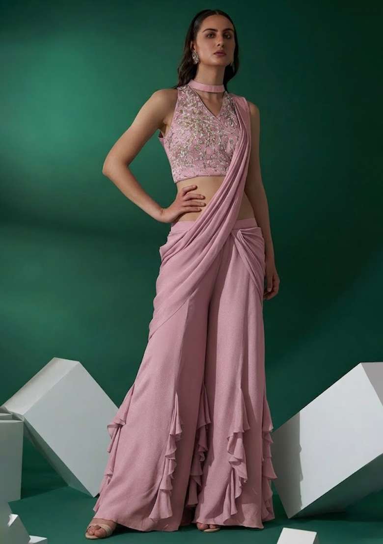 Soft Pink Hand Work Embellished Chinon Fusion Set - Indya