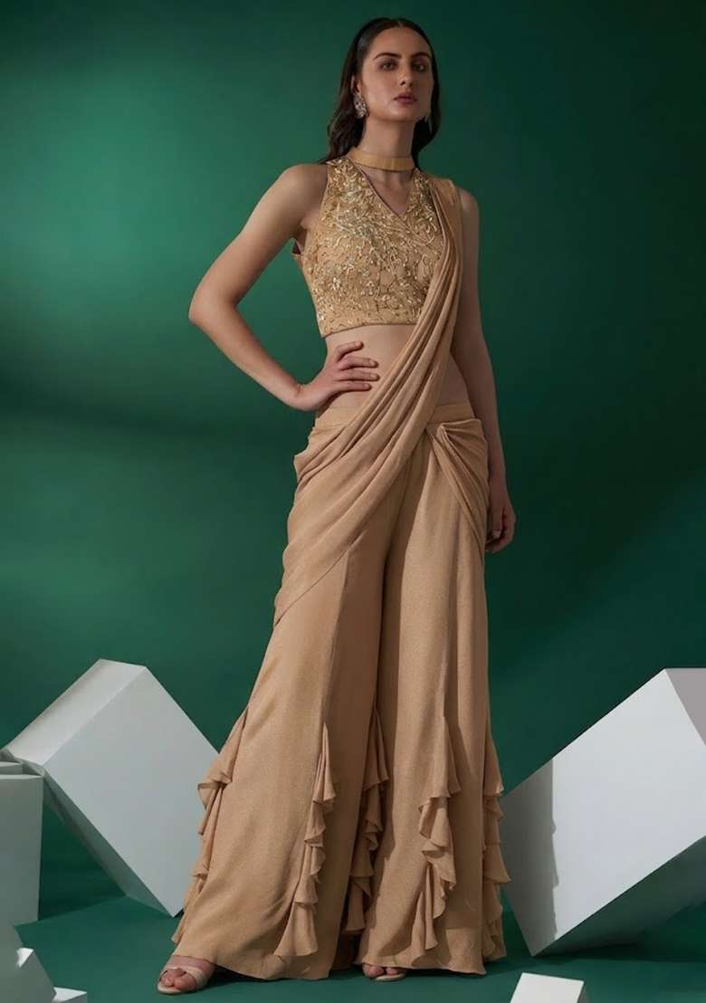 Tan Beige Hand Work Embellished Chinon Fusion Set - Indya