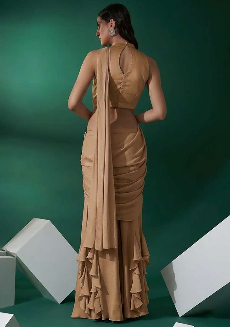 Tan Beige Hand Work Embellished Chinon Fusion Set - Indya