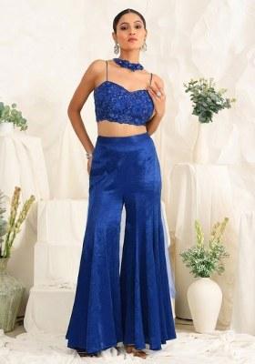 Deep Blue Hand Work Sequin Satin Fusion Set