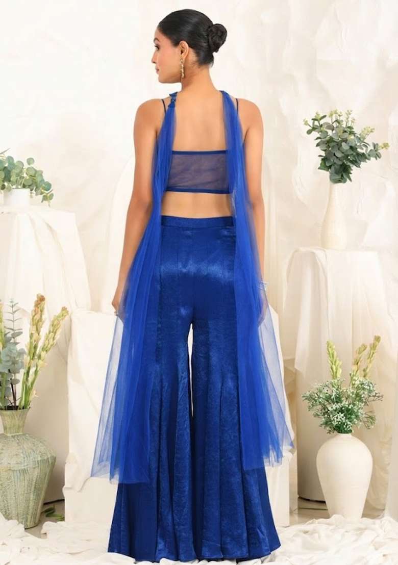 Deep Blue Hand Work Sequin Satin Fusion Set - Indya