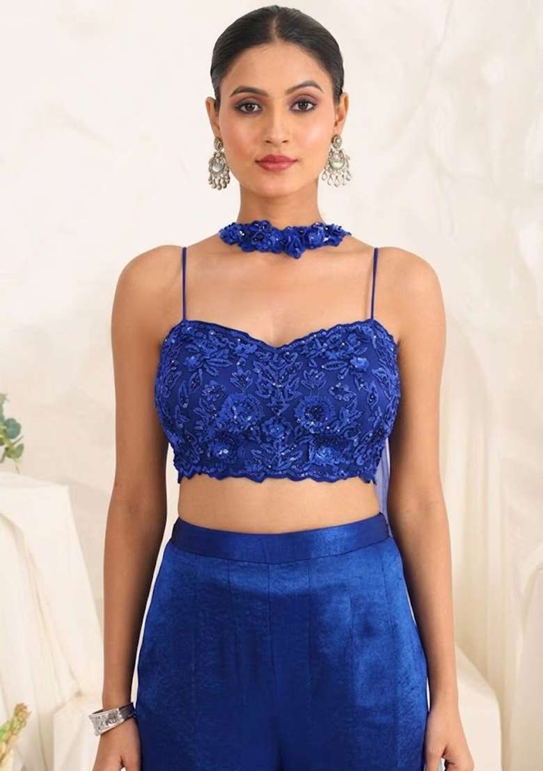 Deep Blue Hand Work Sequin Satin Fusion Set - Indya